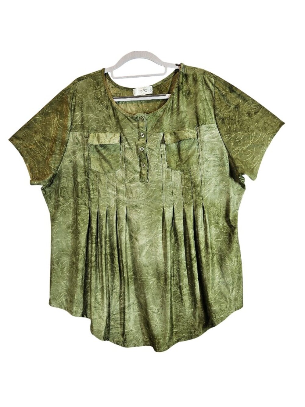 Shannon Ford  Tunic Top Womens 2X Green Short Sleeve Pleated flowy slinky office